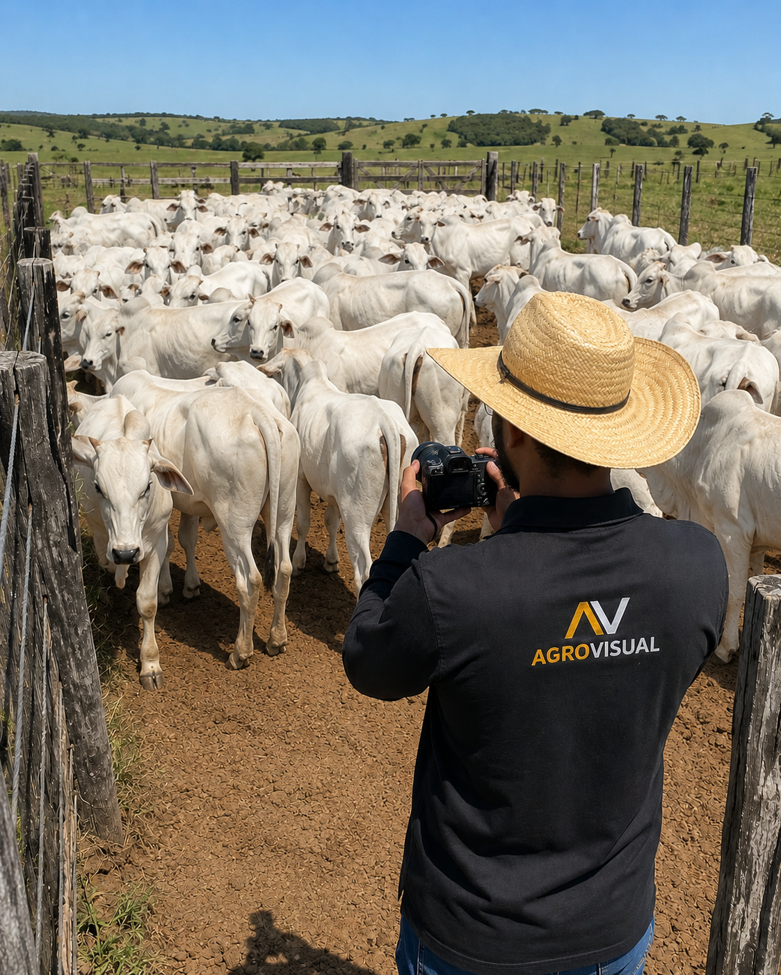 Profissional da Agro Visual, de costas e com uniforme da marca, fotografando um lote de gado Nelore em um curral