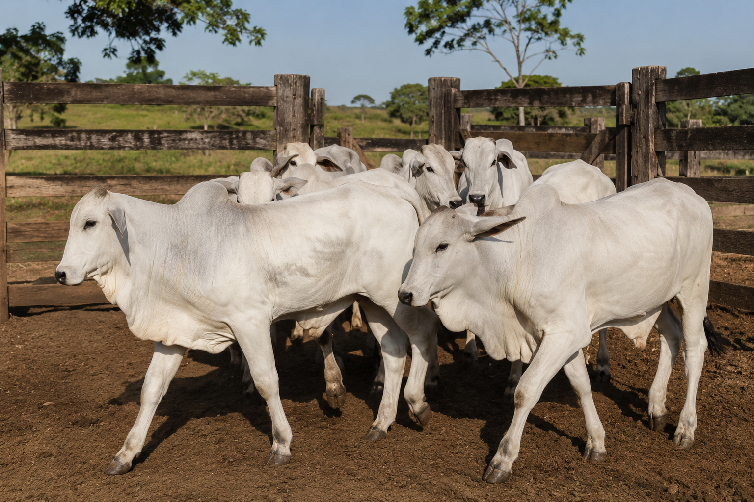 Grupo de animais Nelore agrupados em curral, preparados para produção de vídeo de leilão