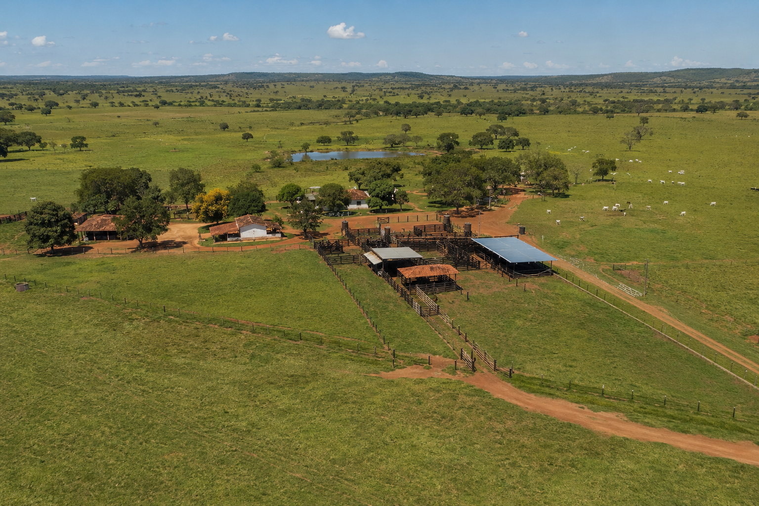Vista aérea de fazenda com curral, sede, açude e pastagens