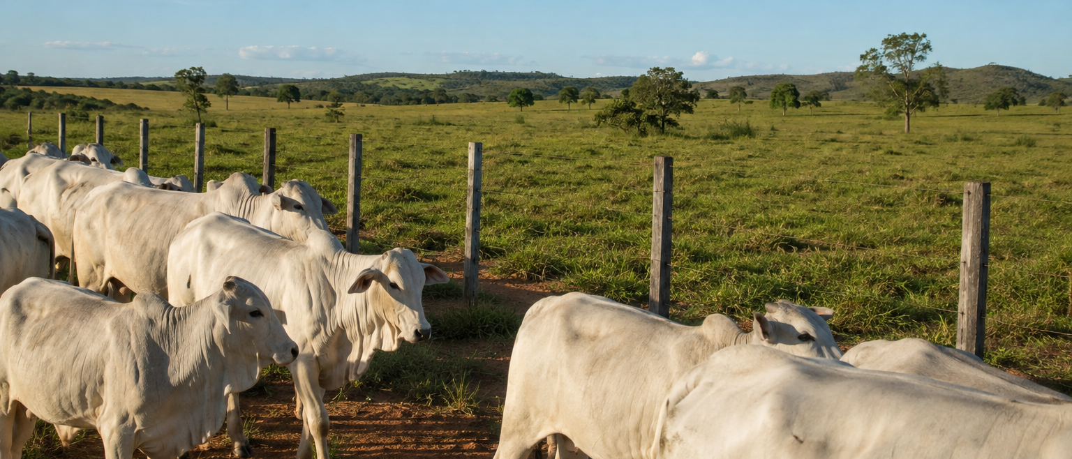 Lote de gado Nelore em uma fazenda, representando a produção valorizada pelas imagens da Agro Visual